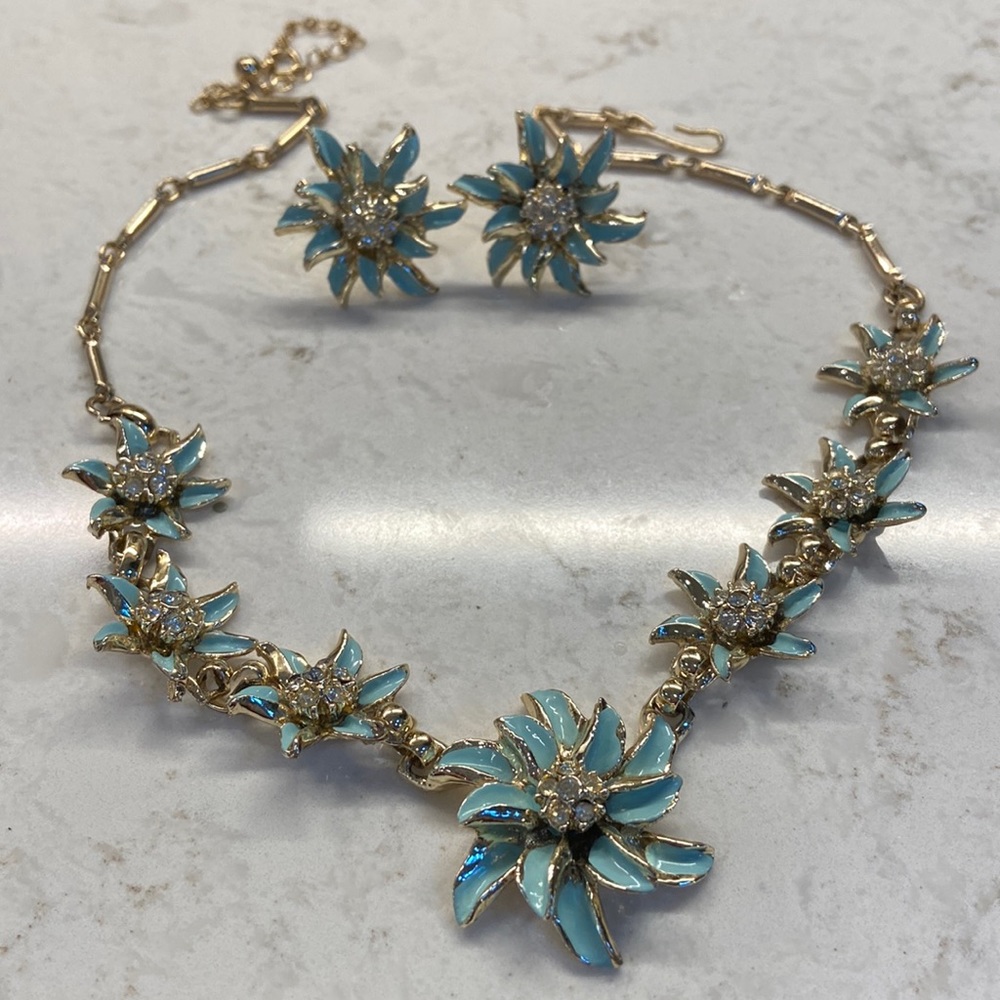 Gold tone Vintage blue and crystal floral motif necklace and screw on earrings